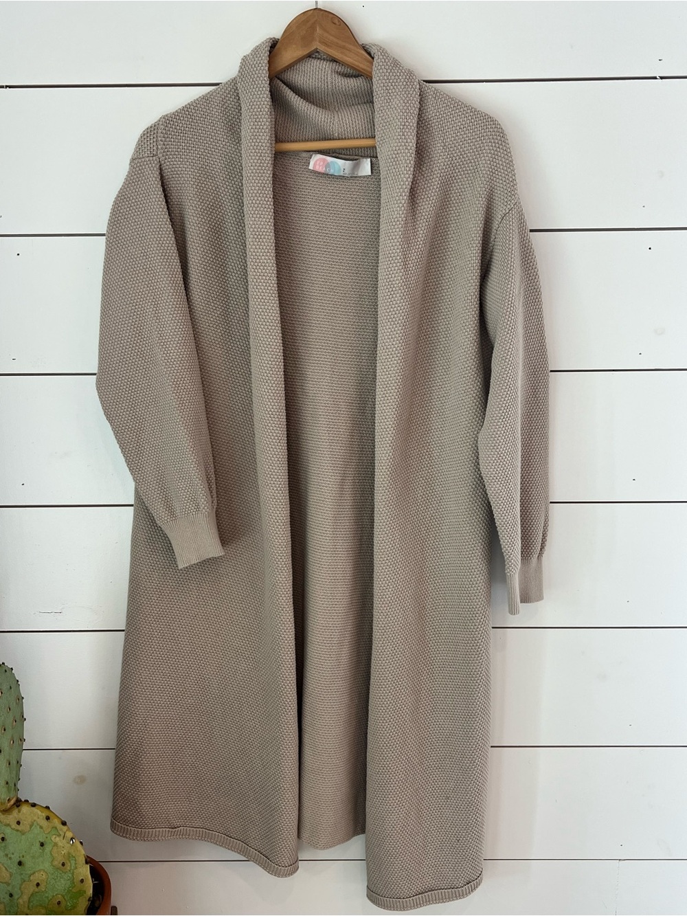 FP‎ BEACH Open-Front Longline Knit Cardigan in Taupe 100% cotton